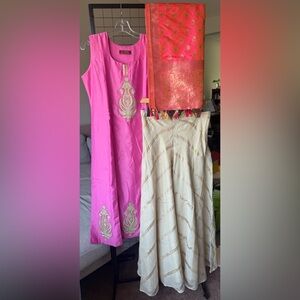 Pink and Cream Traditional Dress Set with 2 Dupattas